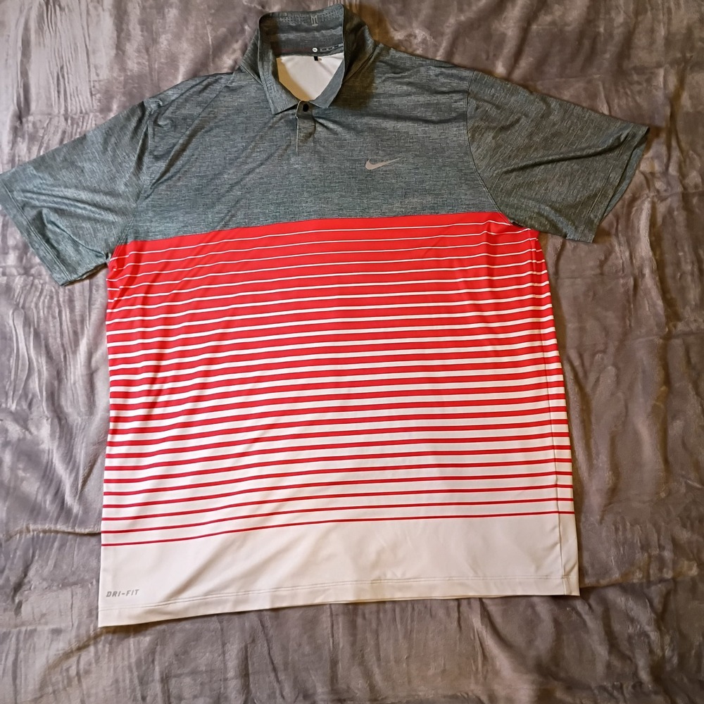 Nike Tiger Woods Golf Polo Shirt Mens XL Grey Red Striped Dri-FIT 648717-008‎